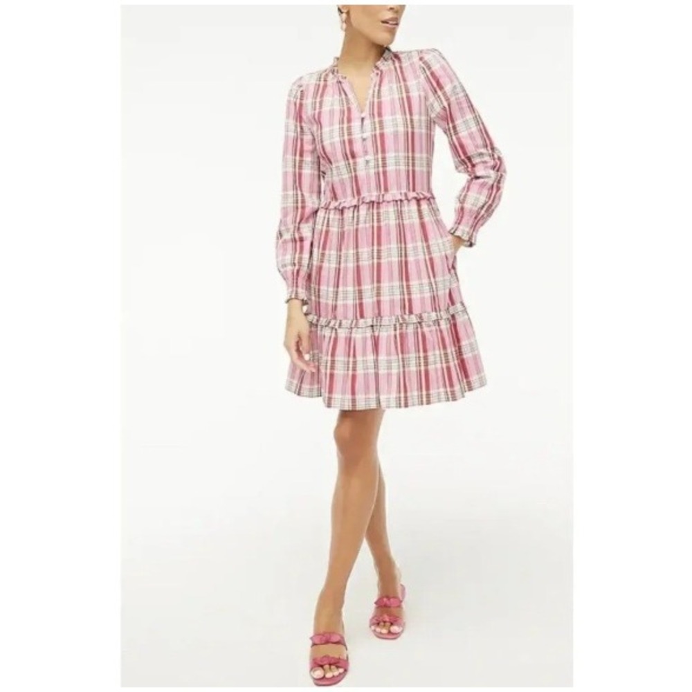 J.Crew Pink Plaid Tiered Mini Dress Long Sleeve Smocked Cuffs Pockets Size 16